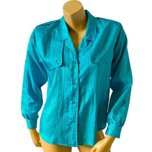 Vintage DVF Diane Von Furstenberg 6P Teal Crinkle Button Up Roll Tab Shirt